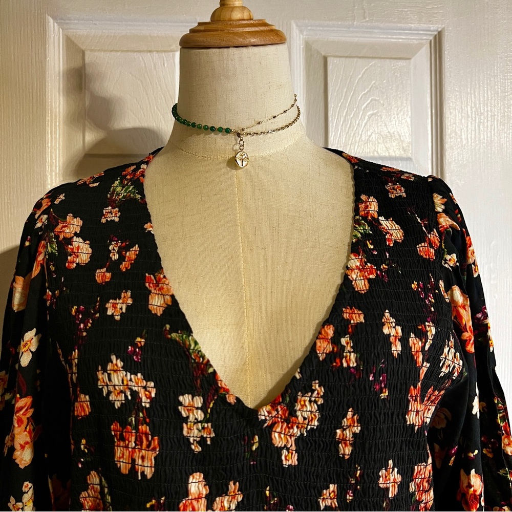 New Old Navy Floral Cotton Knit Puff Sleeve Smocked‎ Peplum Ruffle Boho Top XL - Picture 3 of 13